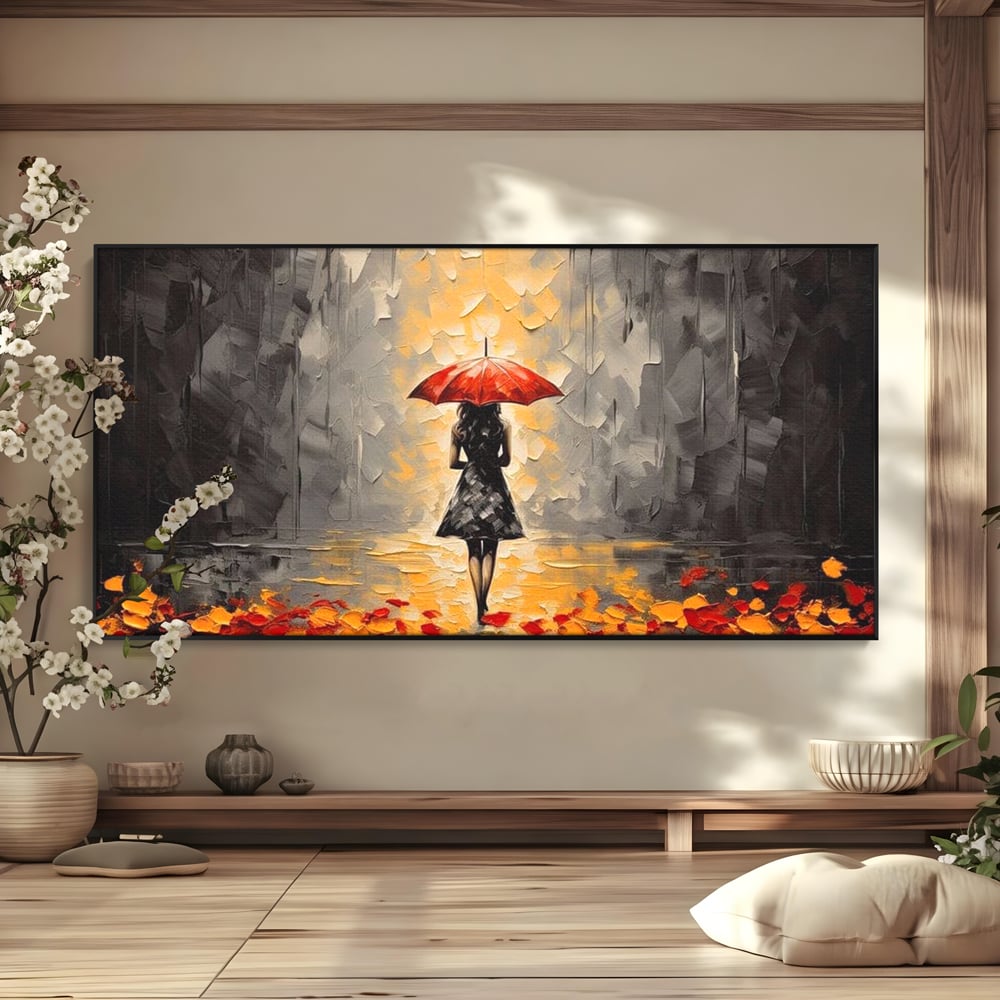 Tablou canvas cu tablou canvas cu femeie sub umbrela rosie, in rama de aluminiu negru